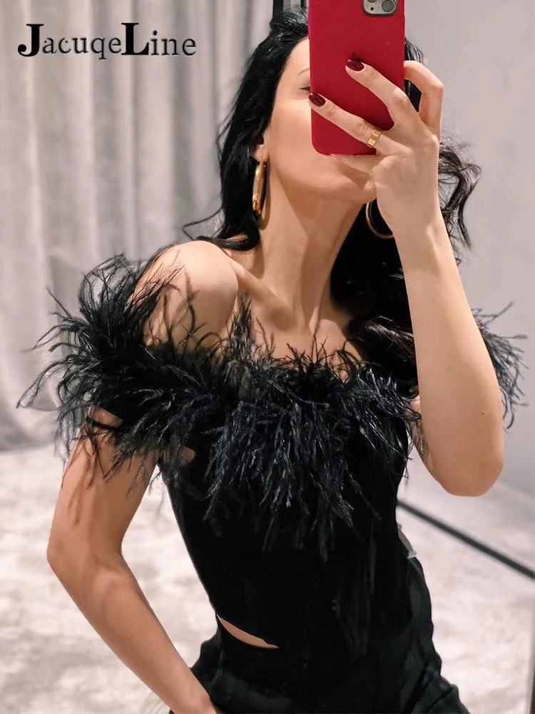 JacuqeLine 2022 Sexy Off Shoulder Y2K Feathers Corset Top Women Summer Sleeveless Elegant Lady Camis Tube Crop Top Club Party