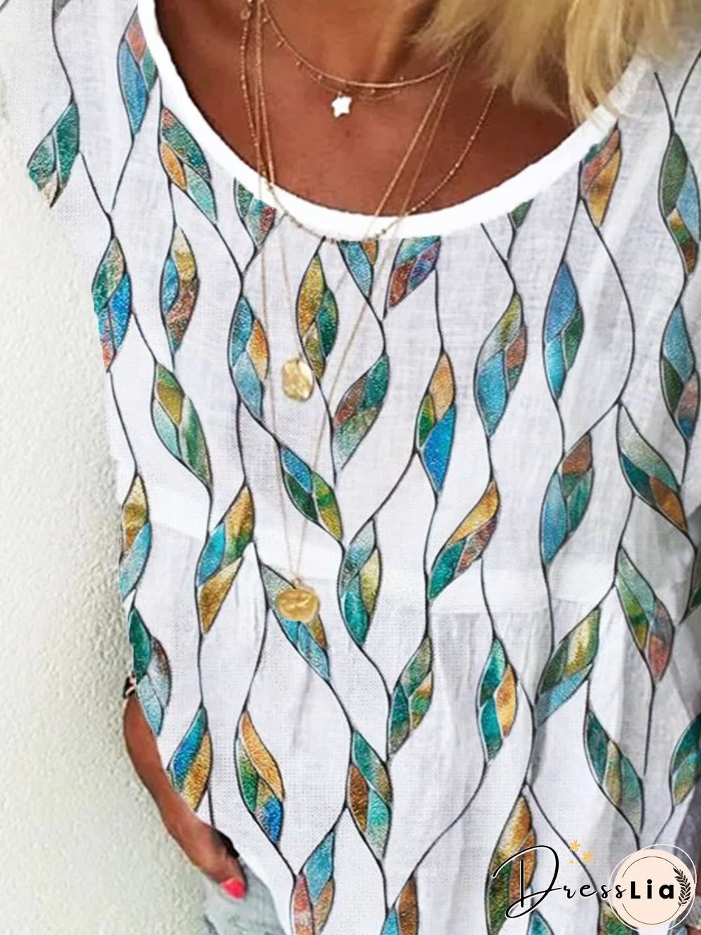 White Leaves Printed 3/4 Sleeve Casual Shift Tops