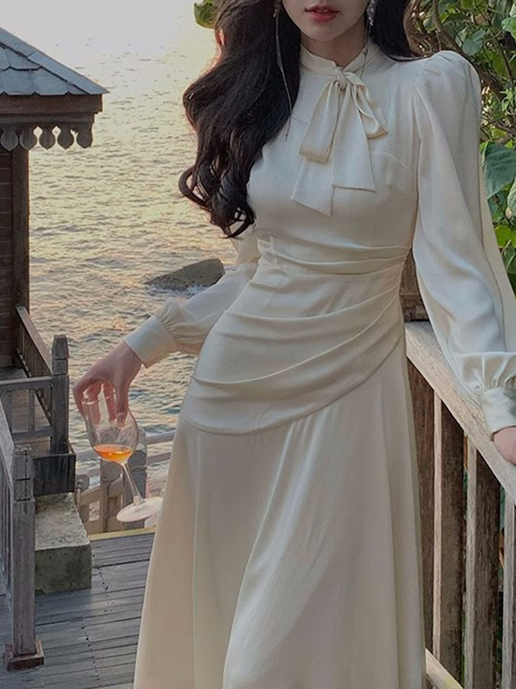 Llyge Satin Dresses for Women Long Sleeve Streetwear French Style Dress Office Lady Print Midi Zipper 2024 New Spring Summer Dress llyge