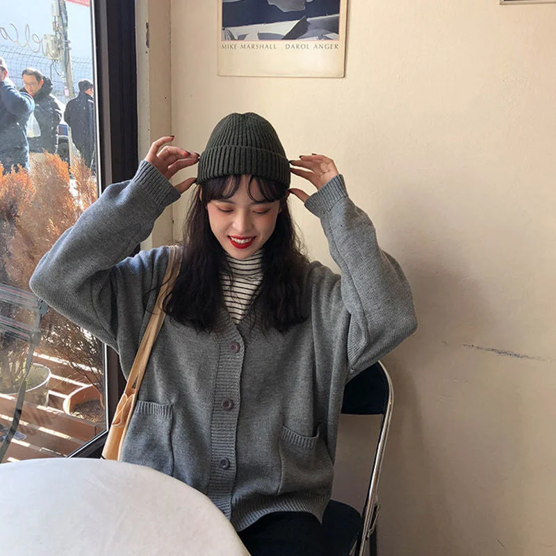 Women Cardigan Solid V-neck Colorful Casual All-match Loose Simple Korean Style Elegant Female Ulzzang Knitted Pockets Buttons