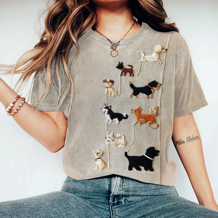 Embroidered Dog Art Print Crew Neck Short Sleeve T-Shirt