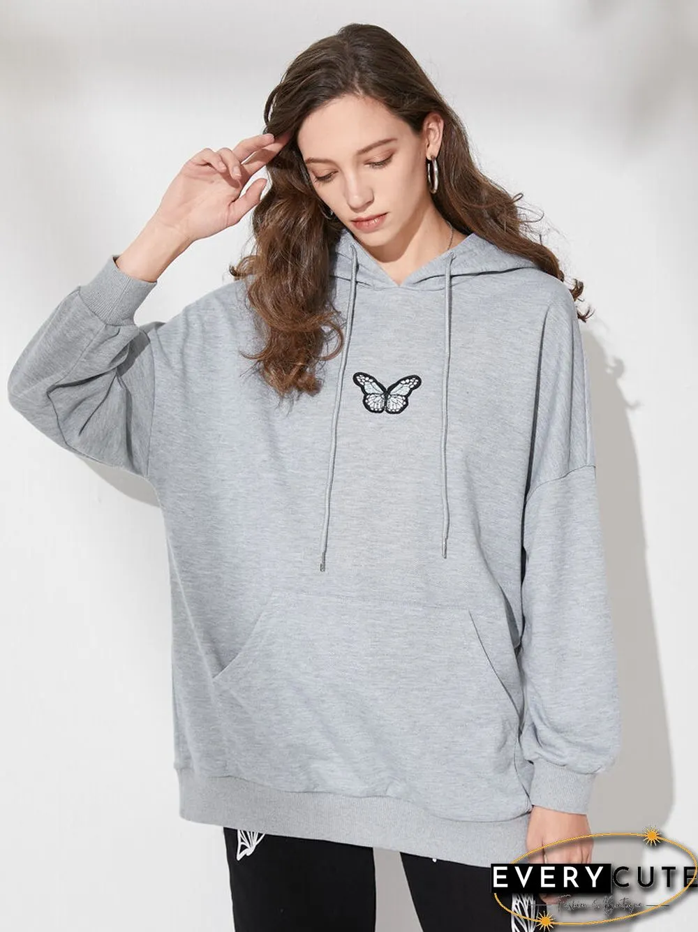 Butterfly Kangaroo Pocket Drop Shoulder Loose Hoodie