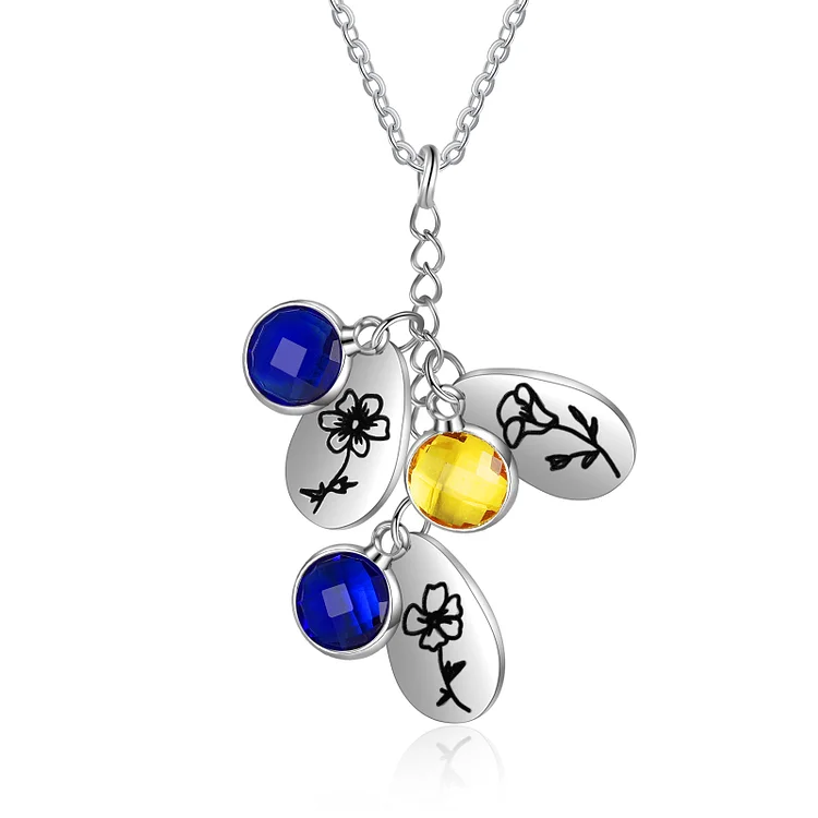 Personalized Birth Flower Necklace with 3 Birthstones Charm Necklace for Family