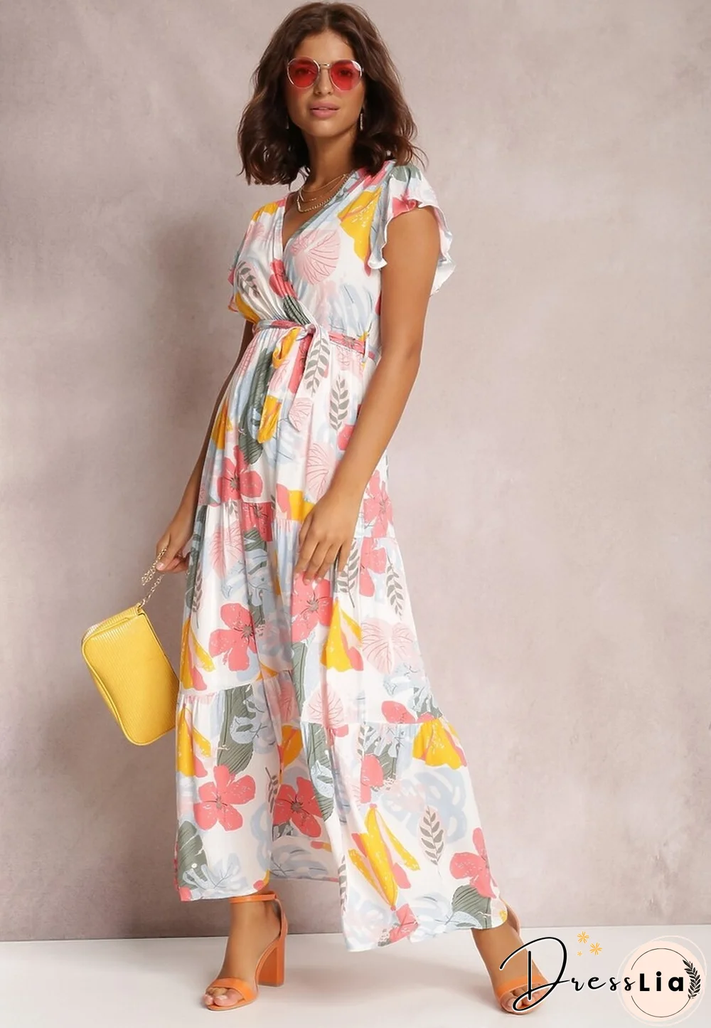 Elegant Floral Print Dress For Women Summer Dresses New Cotton V-Neck Lace-up Ruffle Short Flying Sleeve Maxi Dress