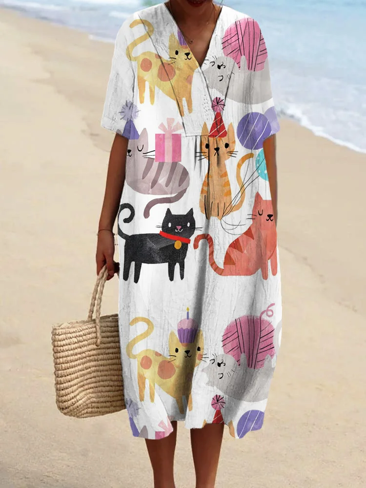 Cartoon Cute Kitten Printed Women's Casual Cotton And Linen