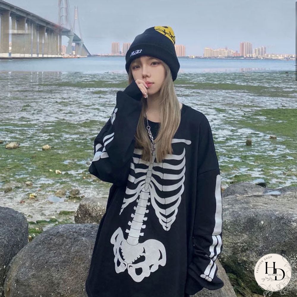 Skull Print Street Hip-Hop Couple Long-Sleeved T-Shirt Graphic Shirts Harajuku Y2K Tops