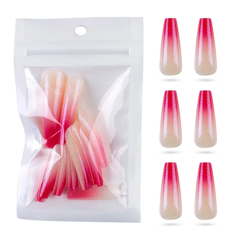 24pcs Long Gradient Ballet Magic Mirror Powder Fake Nails T Shape Coffin Nails Wearing Plastic Press On False Nail Tips Nail Art