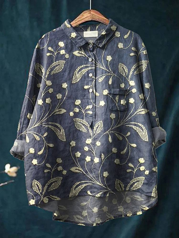 Comstylish Vintage Floral Print Lapel Loose Linen Blend Shirt