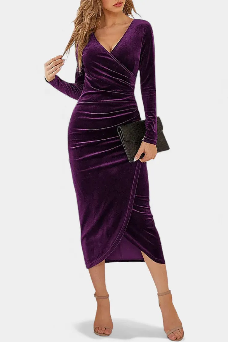 Ruched Wrap Midi Dress with Asymmetric Hem