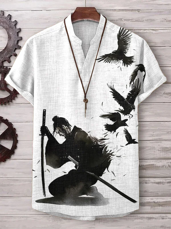 Men's Samurai And Crows Ink Painting Art Print V Neck T-Shirt
