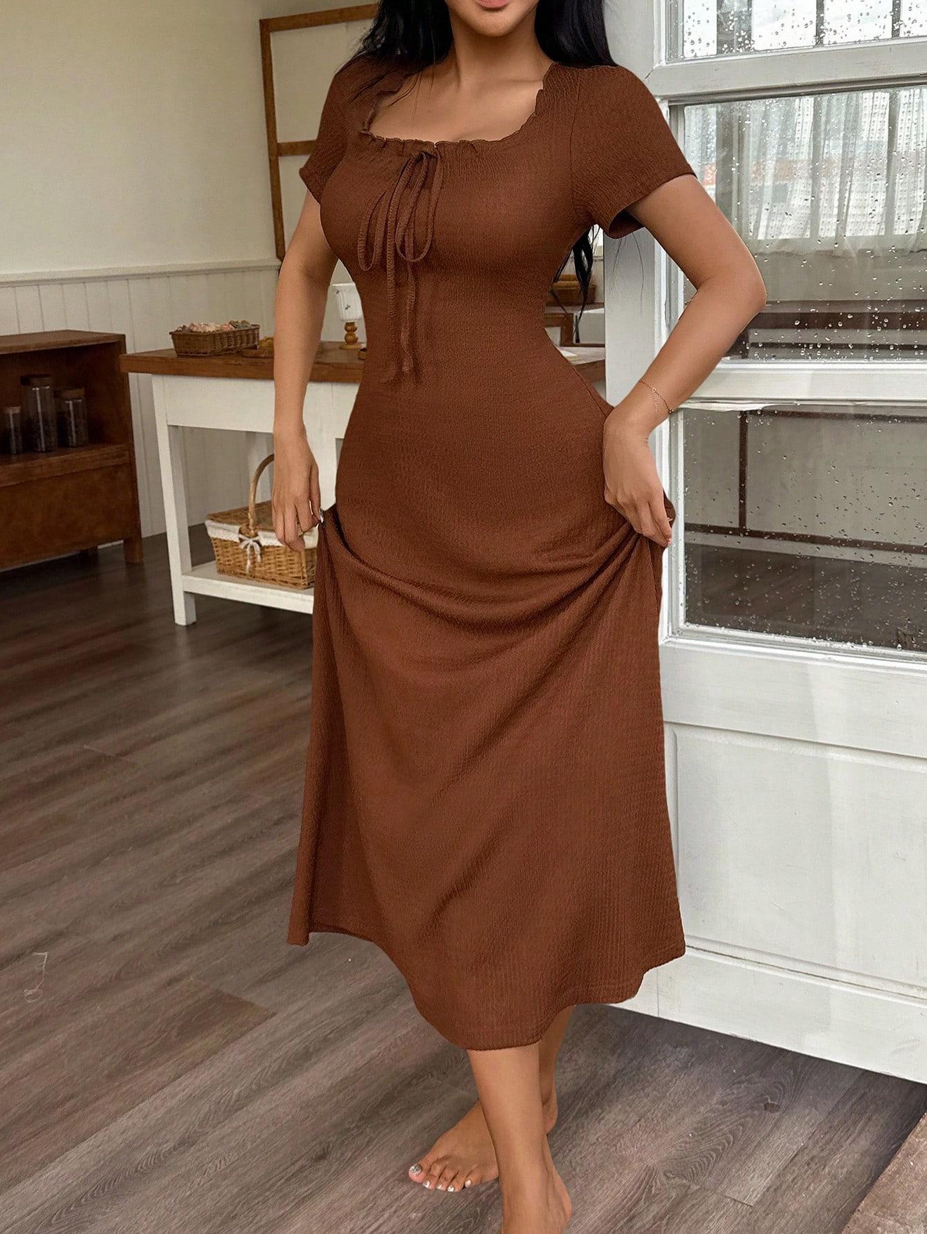 Women's Casual Solid Color Jacquard Gathered Ruffle Trim Square Neck Maxi Loungewear Dress Brown Dress Lounge Dress Summer Dress Tie Front Dress Midi Dress