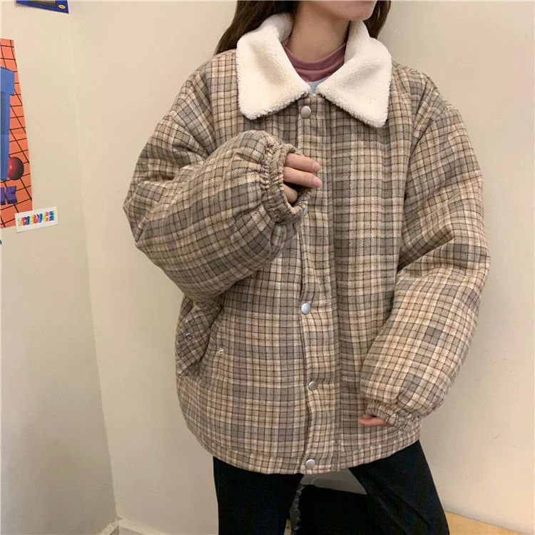 Short Style Parkas Women Turn-down Collar Plaid Design Vintage Chic Casual Warm Winter Elegant Ladies Female Clothing Slim Daily