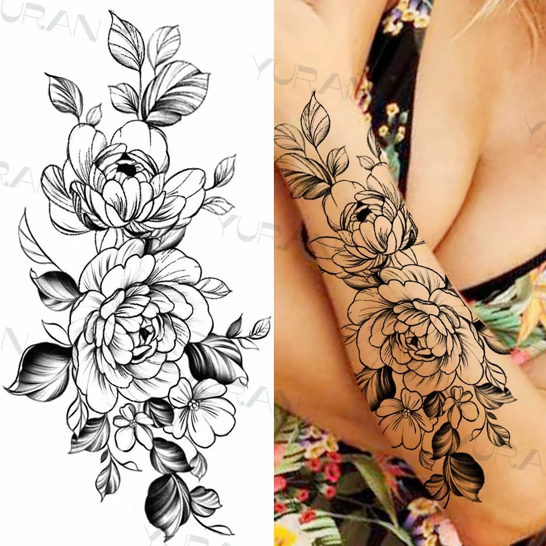 Black Large Snake Flower Fake Tattoo Sticker For Women Dot Rose Peony Temporary Tattoos DIY Water Transfer Tatoos Girls 1029