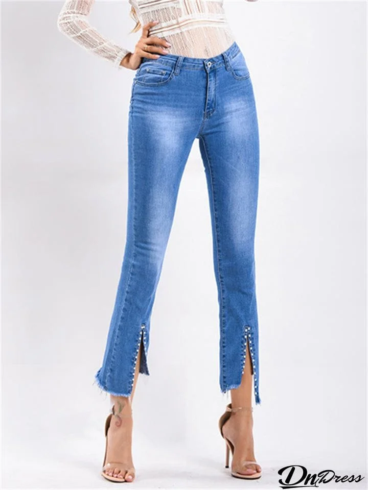 Casual Style Office Lady Grace Bell Bottom Rivet Denim Jeans for Women