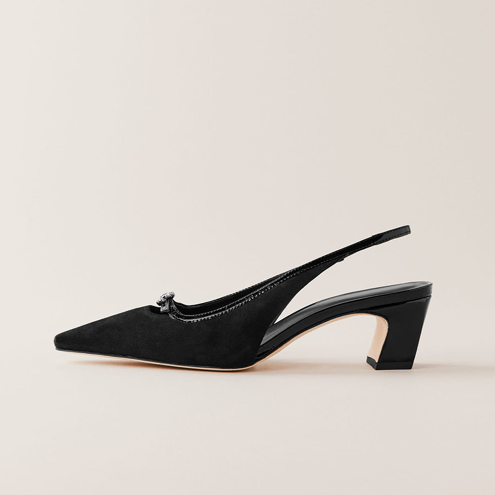 Black Satin Snip Toe Chunky Heel Rhinestone Buckle Slingback Pumps Nicepairs
