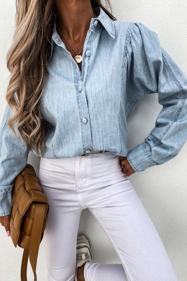 Solid Color Denim Single Breasted Blouse P14969