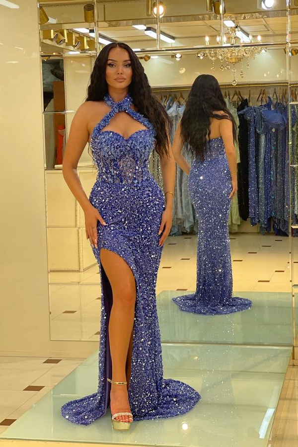 Dresseswow Blue Halter Sequins Mermaid Evening Dress Long With Split Online