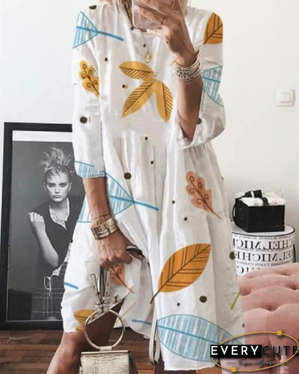 Casual Round Neck Printed Short Sleeve Midi Dress