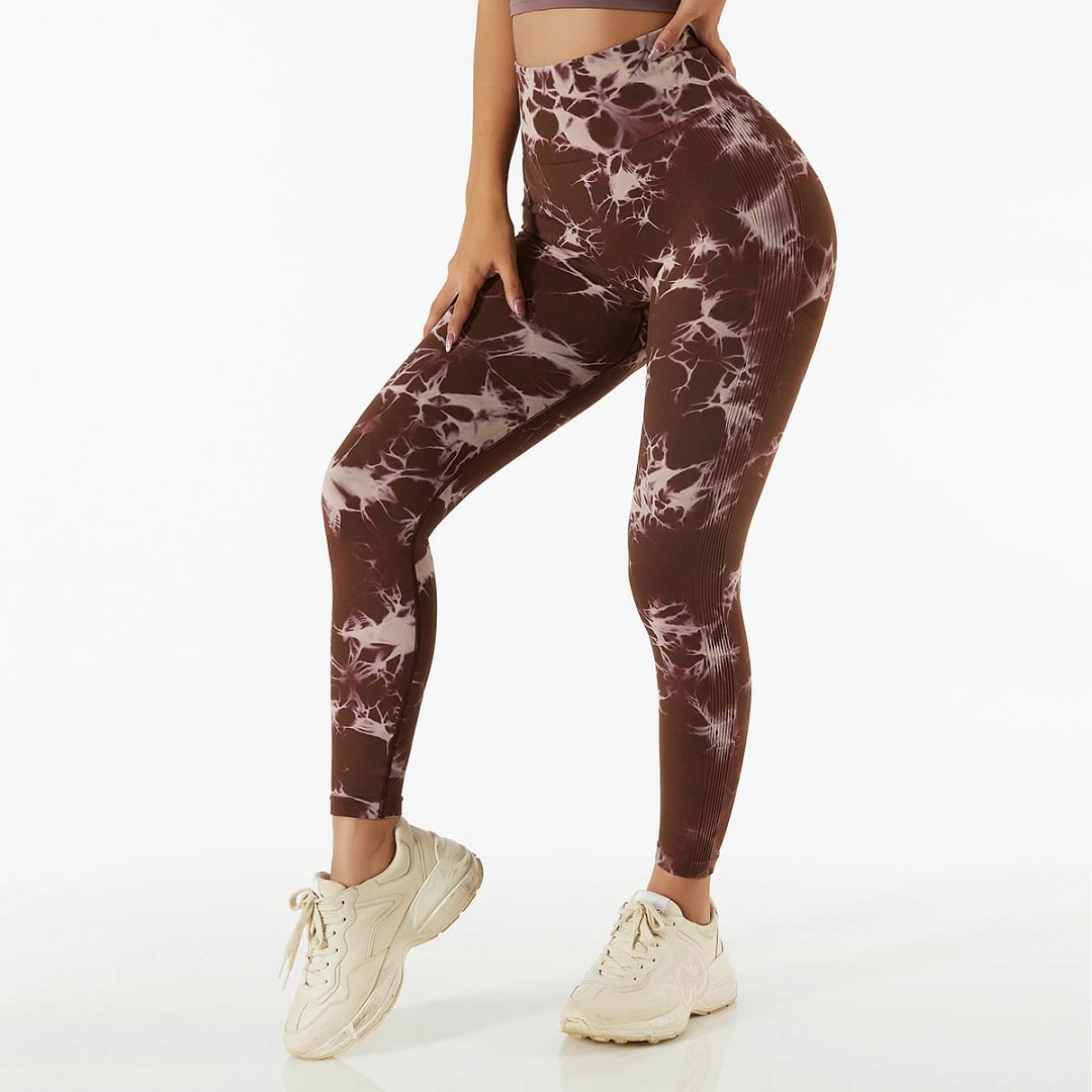 Shop mocha tie dye scrunch leggings at a great price on Hergymclothing