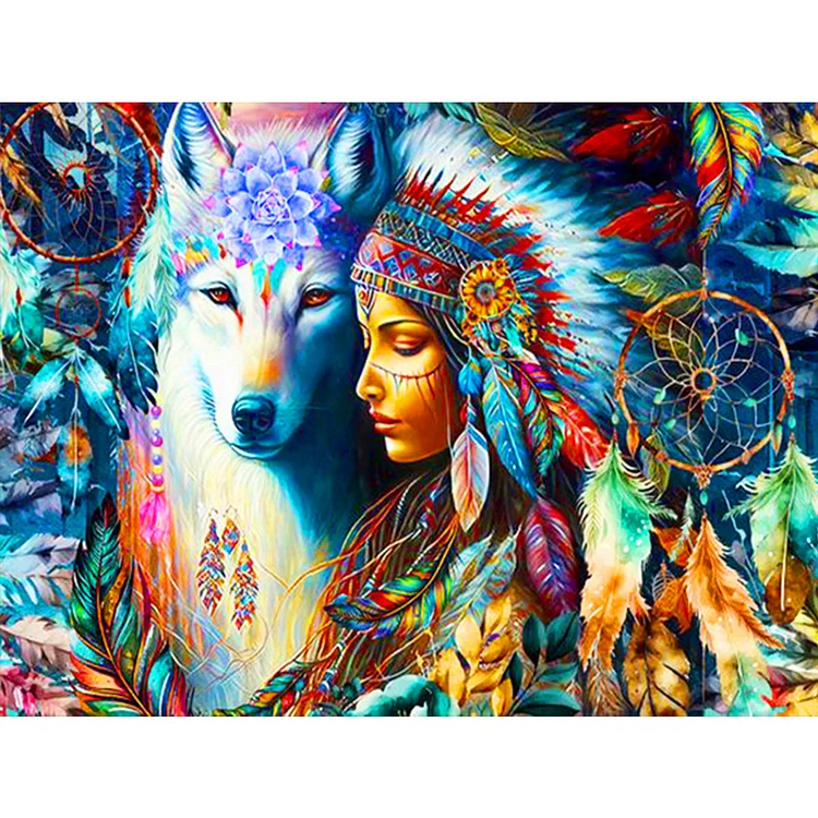 The Indian, The Wolf, And The Dreamcatcher 40*30CM(Canvas) Full Round Drill Diamond Painting gbfke