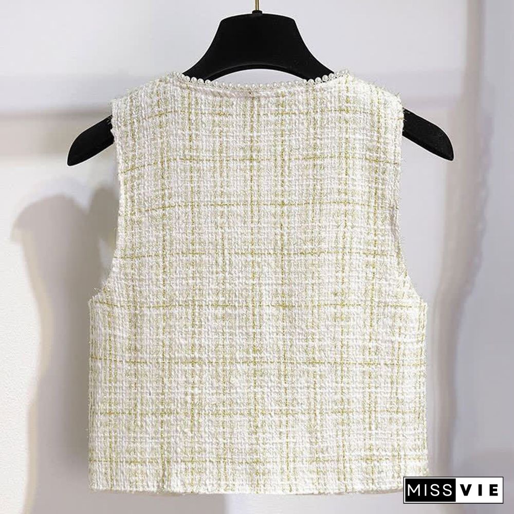 Chic Plaid Print Pearl Vest Lace Up Long Sleeve Pleated Shirt Dress