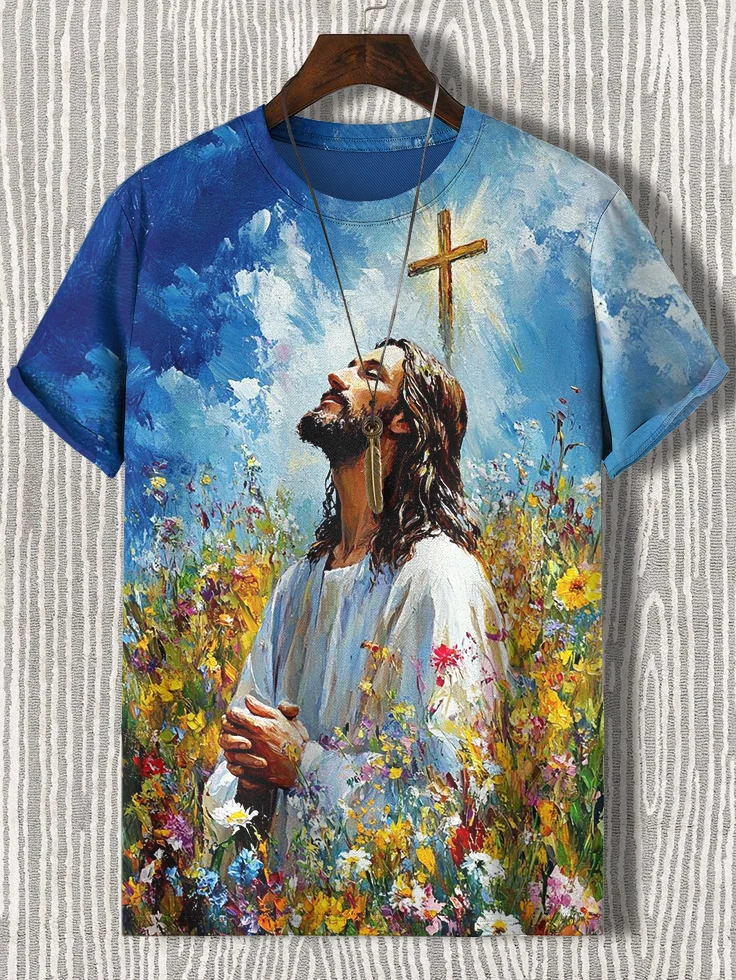Men's Jesus Christ Flower Field Oil Painting Print Casual T-Shirt
