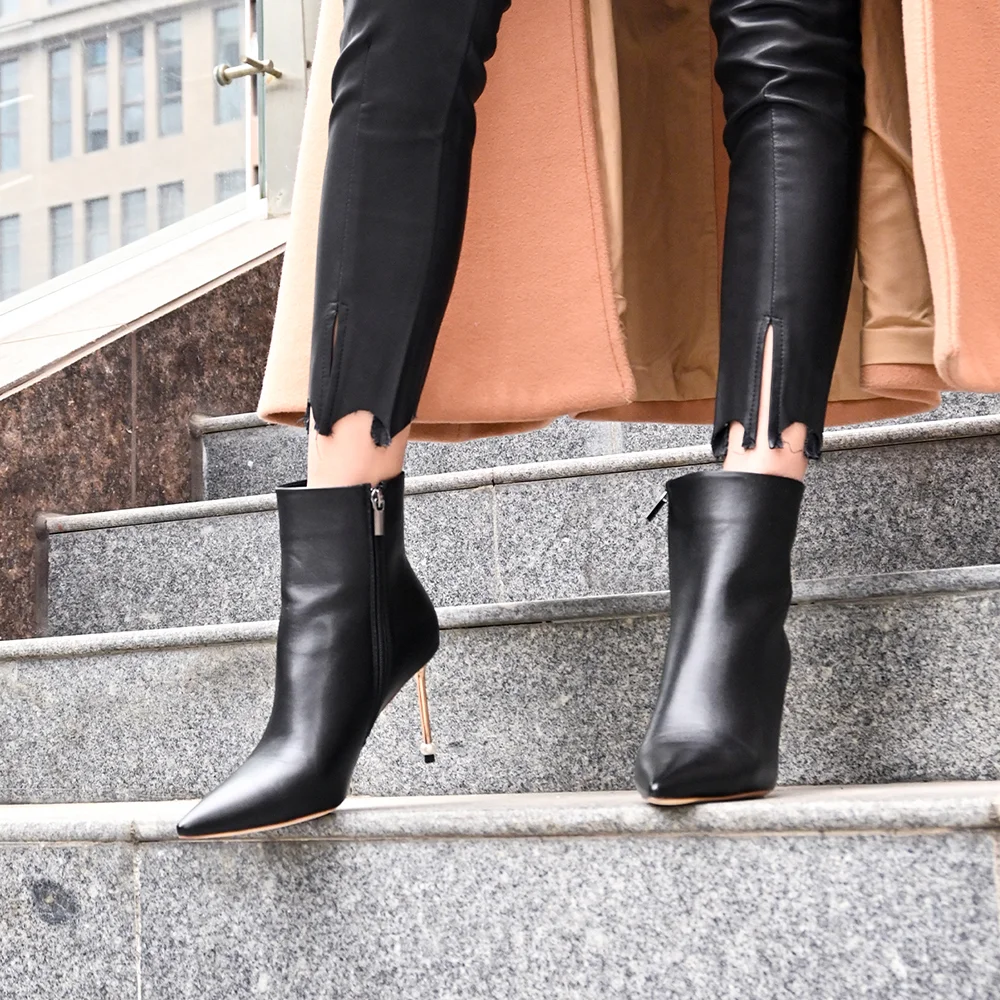 Black Pointed Toe Boots Simple Leather Ankle Boots