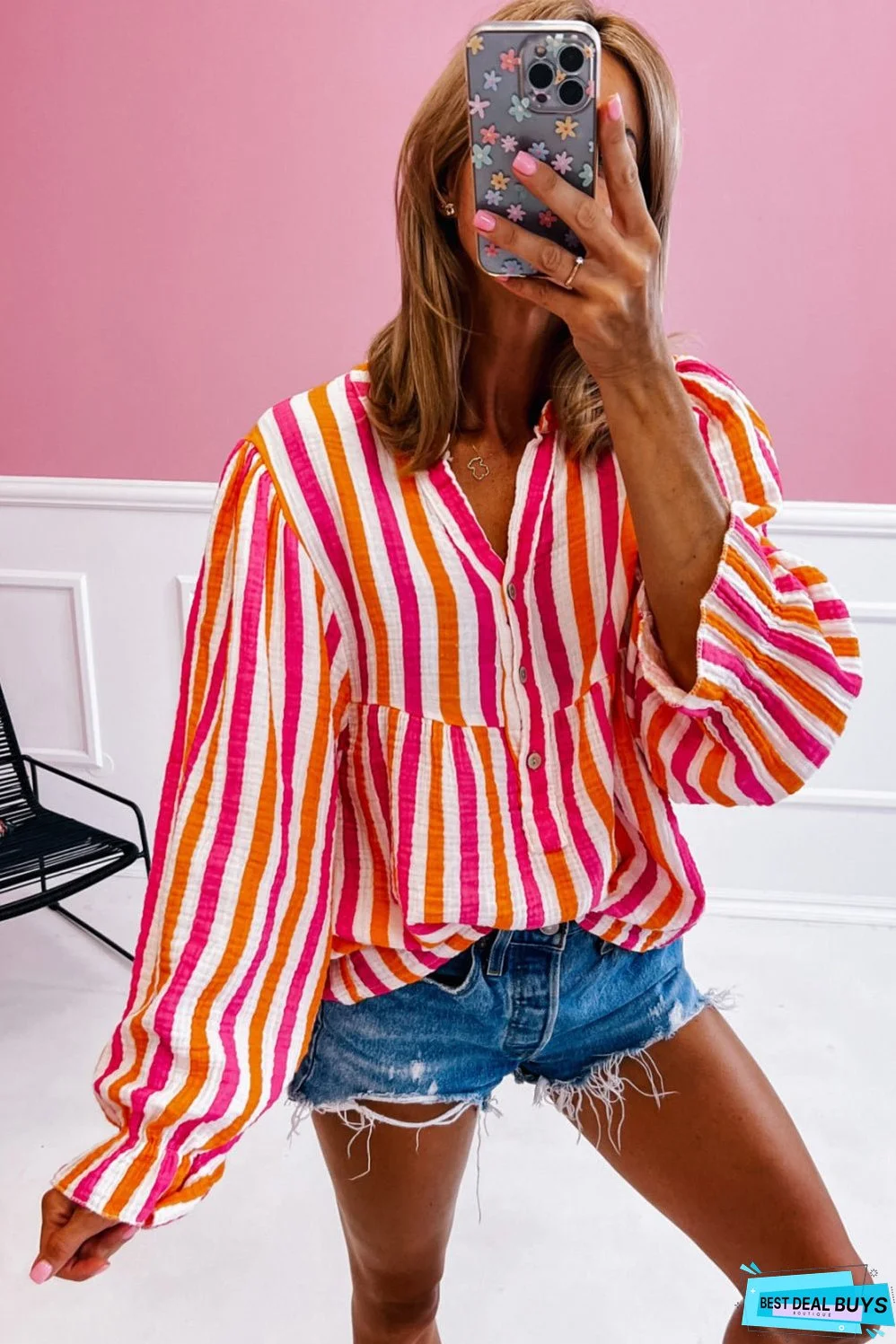 Orange Stripe Balloon Sleeve Notched V Neck Buttoned Front Blouse