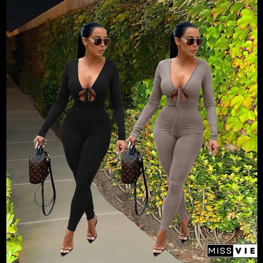 Lace Up Cut Out Long Sleeve Bodycon jumpsuit
