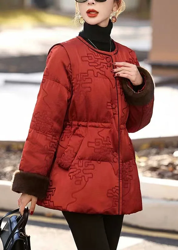 Vintage Red Cinched Print Duck Down Puffer Jacket Winter