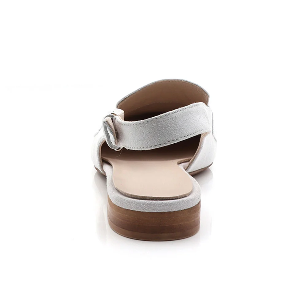 White Fringed Trim Pointed Toe Flat Slingback Shoes with Buckle