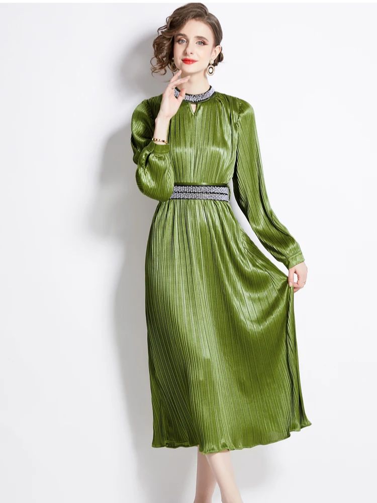 2024 Designer Luxury Pleated Dress Women's Beading Stand Collar Lantern Sleeve Lace Up Belt Evening Party Robe Vestidos