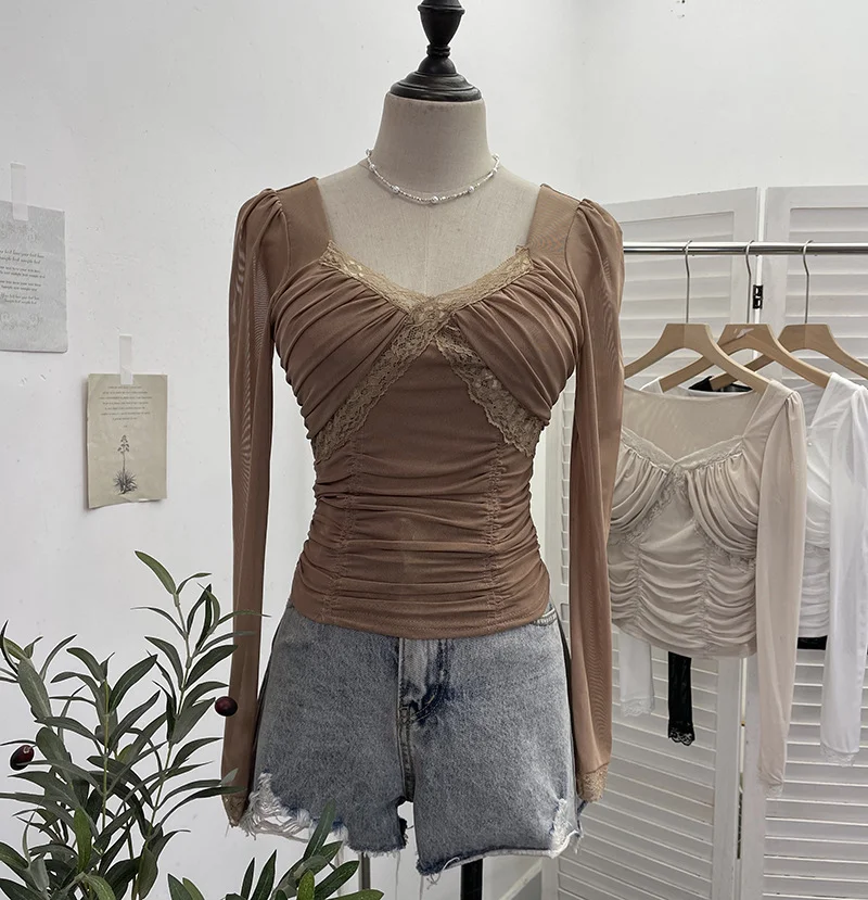 Zingj Pure-Want Wind Belt Chest Mat Lace Splicing Mesh Yarn Long-Sleeved T-Shirt Short Slim Top 2673
