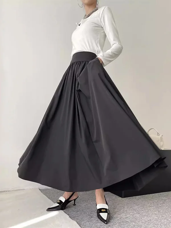 Pleated Solid Color Split-Joint A-Line High Waisted Skirts Bottoms