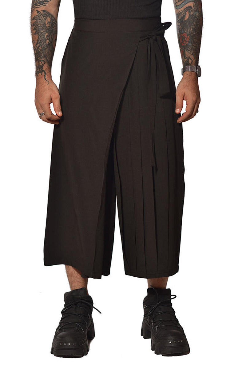 Men's Asymmetric Tie-Up Pleated Cropped Wide Leg Pants