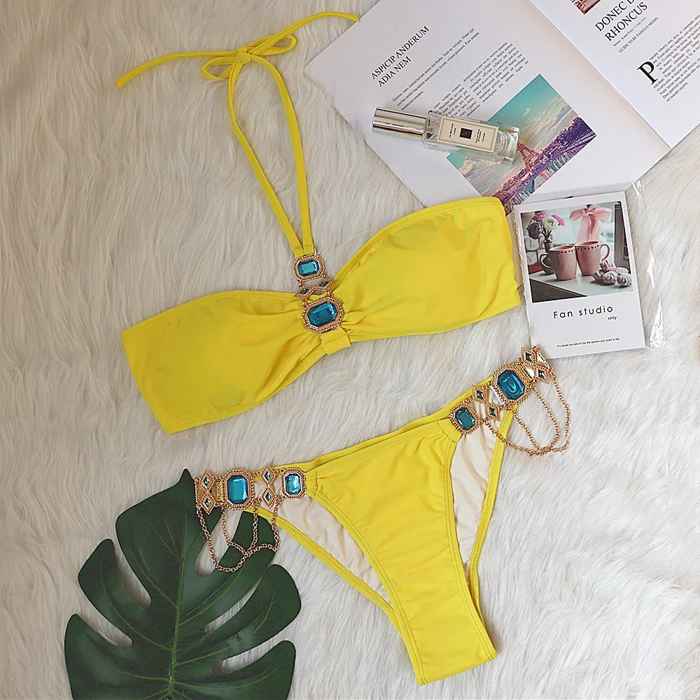 Brownm Brownm New Swimsuit Luxury Crystal Diamond Chain Women's Split Swimsuit Strap Hanging Neck Sexy Bikini