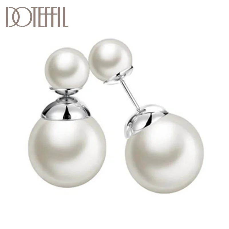 DOTEFFIL 925 Sterling Silver Spherical White/Black Pearl Earring For Woman Jewelry