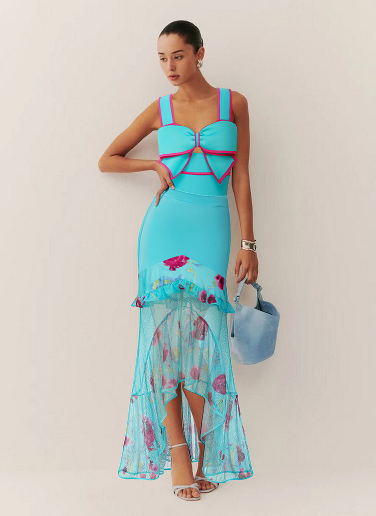 Bow Decor Blue and Pink One Piece Swimsuit and Skirt