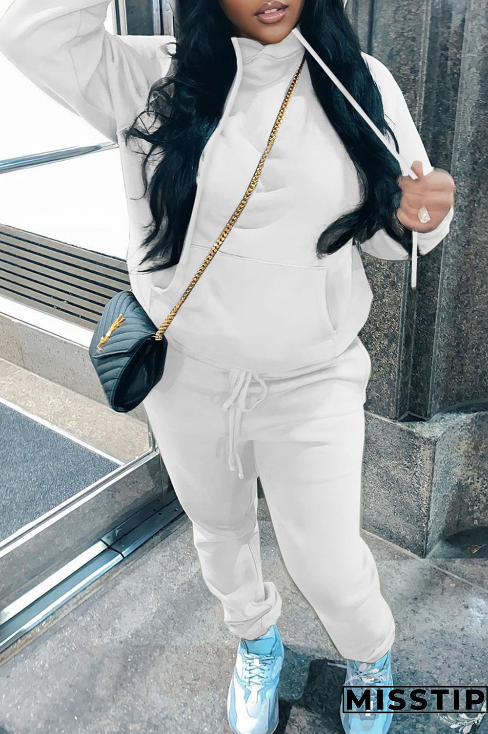 Blue Casual Solid Patchwork Hooded Collar Long Sleeve Two Pieces