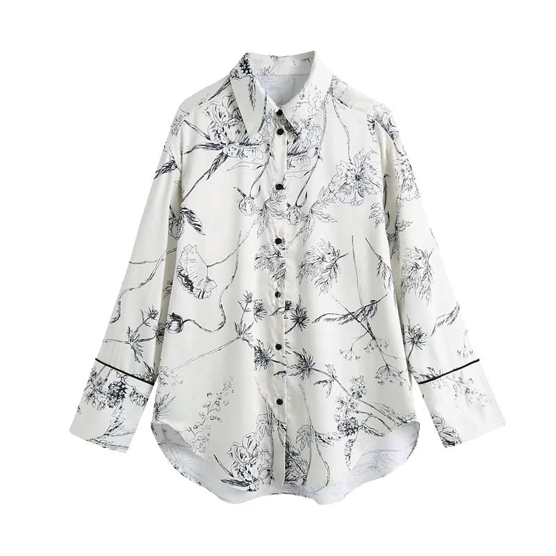 TRAF Women Fashion Floral Print Loose Asymmetric Blouses Vintage Long Sleeve Button-up Female Shirts Blusas Chic Tops