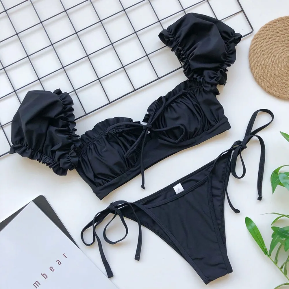 Off shoulder Thong Bikini 2020 Sexy Solid Swimwear Women bathers High cut Ruffle Brazilian Swimsuit Female bathing suit