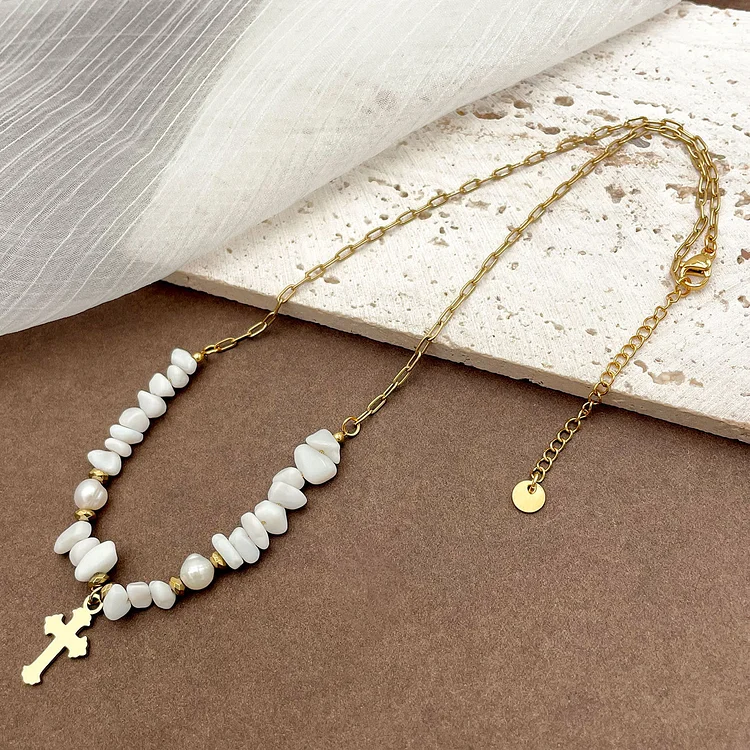 Olivenorma Hand Beaded Gravel Cross Irregular White Jade Necklace