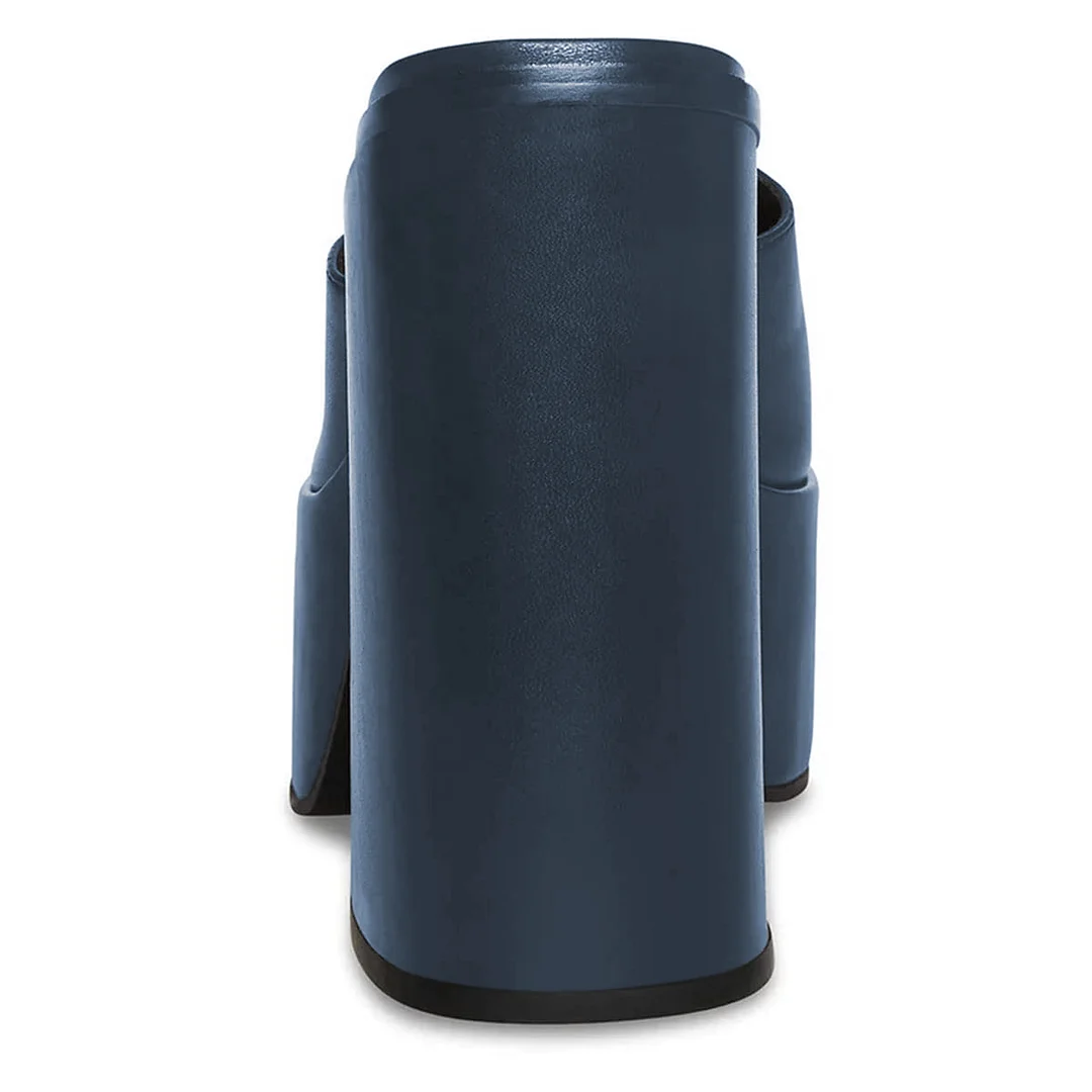 Navy Blue Square Toe Wide Band Platform Mules with Block Heels