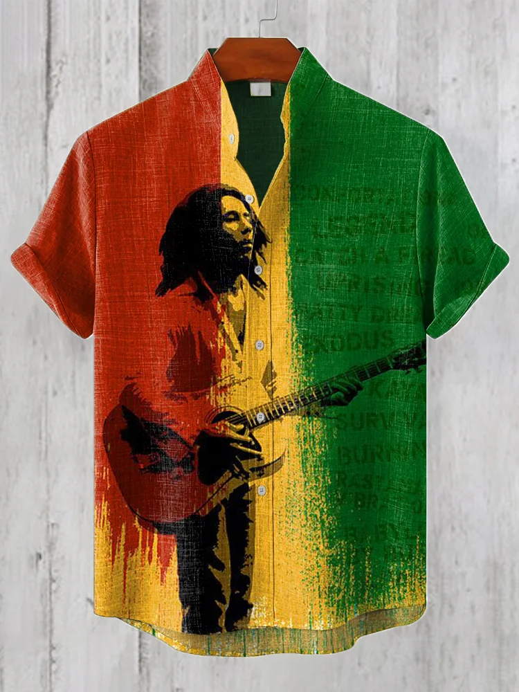 Men's Reggae Inspired Art Print Linen Blend Shirt