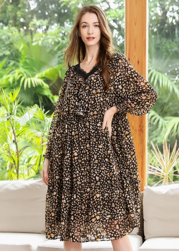 Plus Size Khaki V Neck Print Chiffon Maxi Dresses Summer