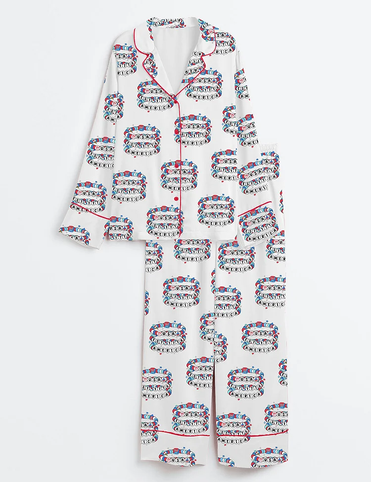 Women&rsquo;s America Friendship Bracelet Girly 4th Of July 1776 Preppy USA Independence Day Coquette Long Sleeve Satin Pajama Set