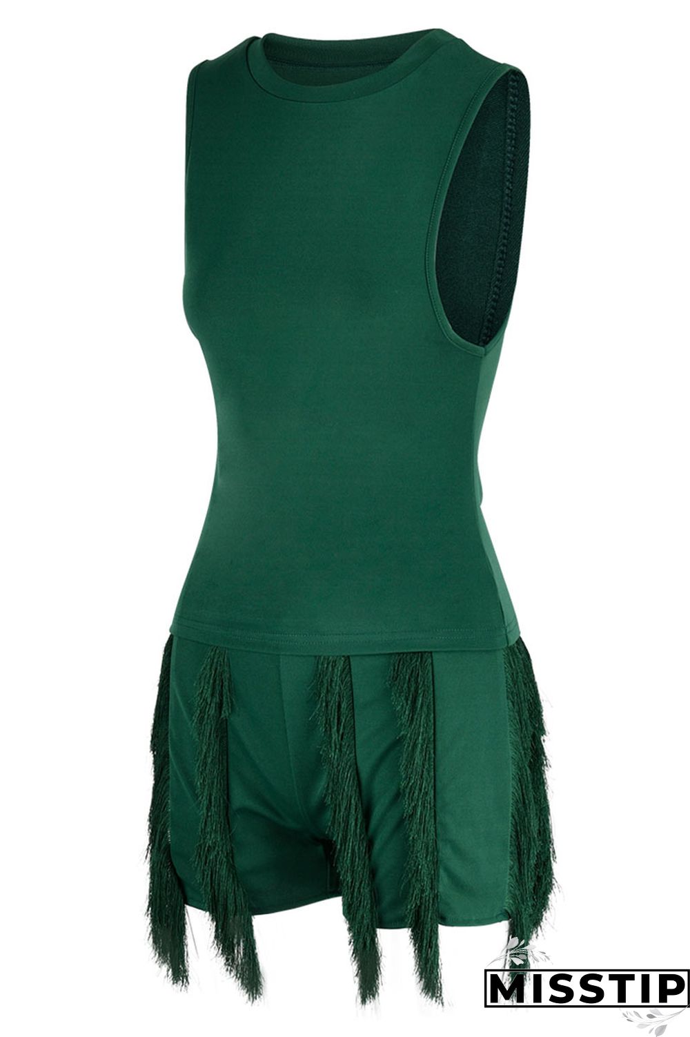 Peacock Blue Casual Solid Tassel Patchwork O Neck Sleeveless Two Pieces