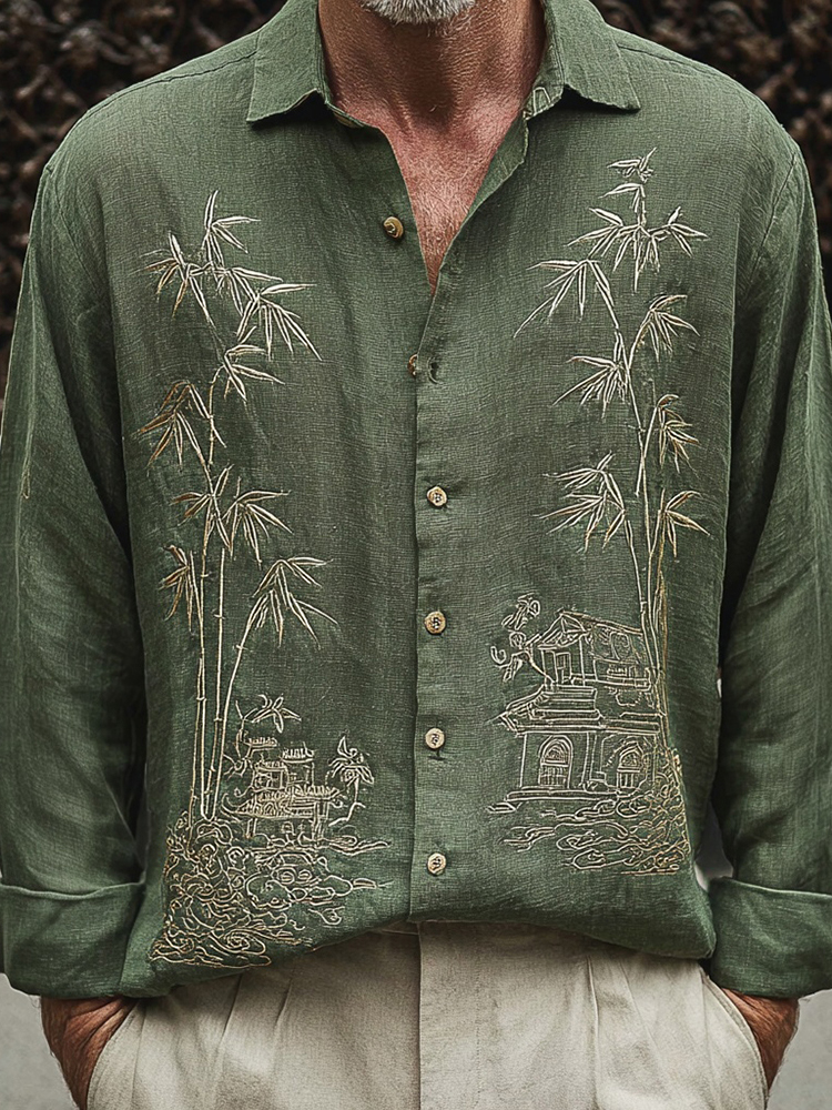 Men's Japanese Bamboo Art Vintage Cozy Linen Blouse  artssus