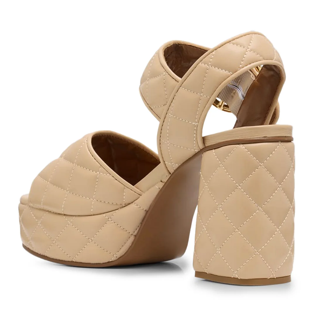 Beige Padded Vegan Leather Platform Strappy Sandals with Block Heel