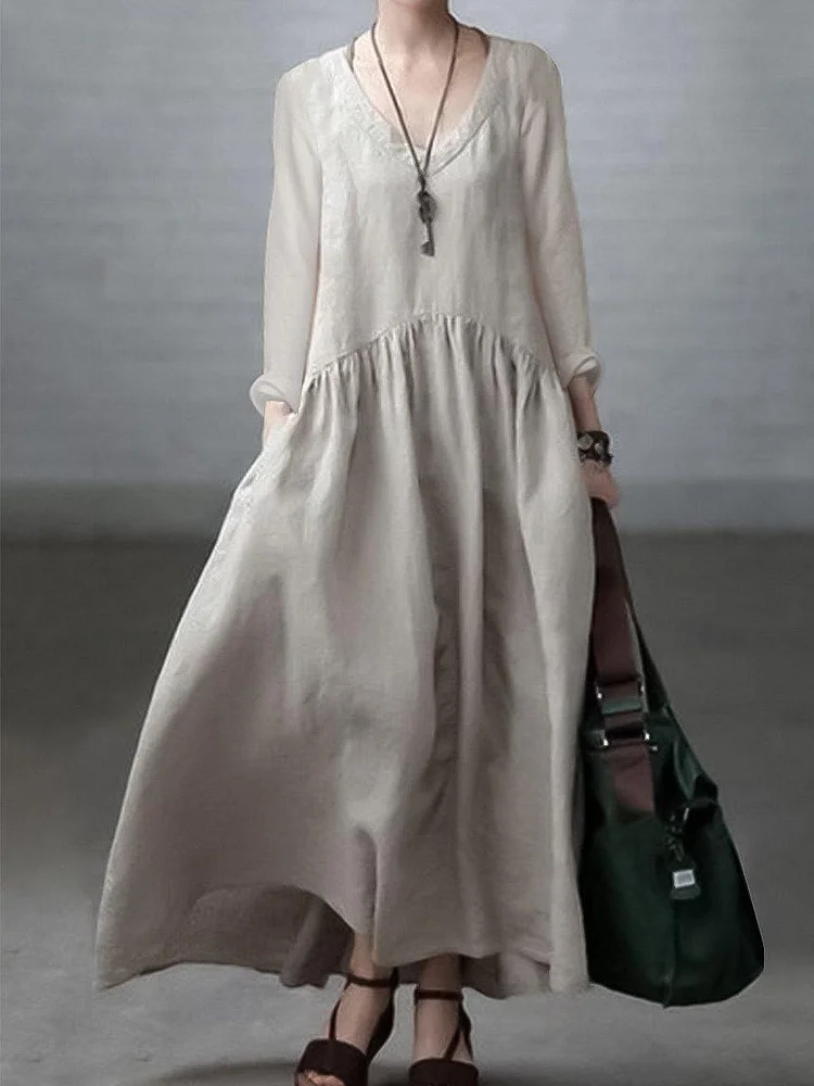 Ivory-crane Simple and Loose V-neck Cotton and Linen Dress